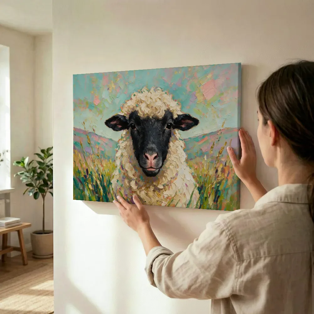 Sfeerimpressie: Schaap portret tussen de grassen in goud terwijl het omhoog wordt gehouden