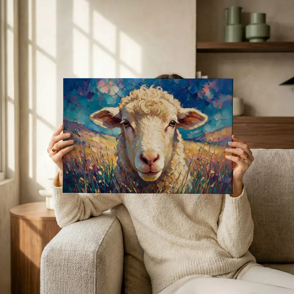 Sfeerimpressie: Schaap portret tussen de grassen in kobalt terwijl het omhoog wordt gehouden