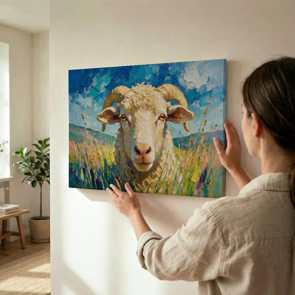 Sfeerimpressie: Schaap portret tussen de grassen in petrol terwijl het wordt opgehangen