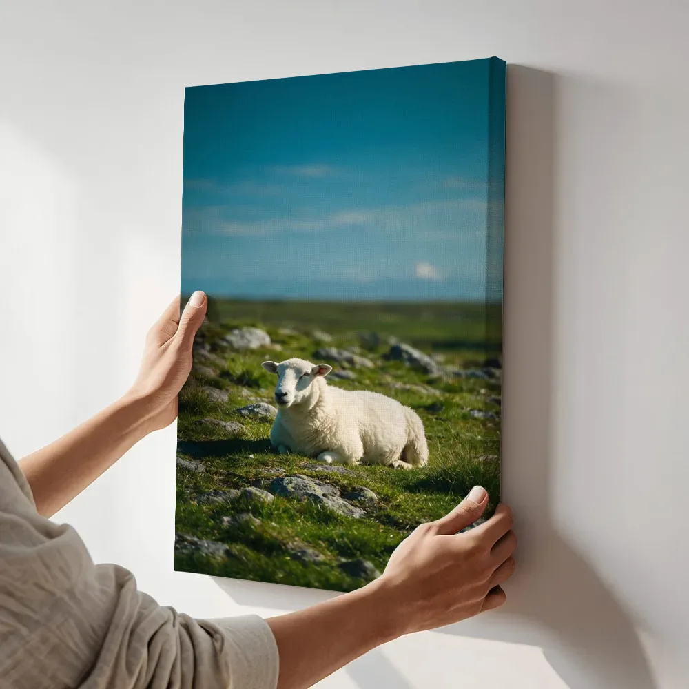 Sfeerimpressie: Schaap rustend, de volle zomer terwijl het aan de muur wordt gehangen