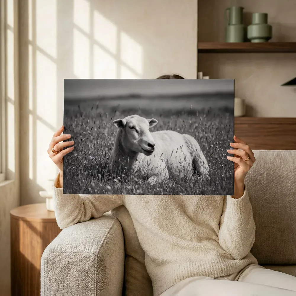 Sfeerimpressie: Schaap rustend, een blauw-oranje schemering terwijl het omhoog wordt gehouden