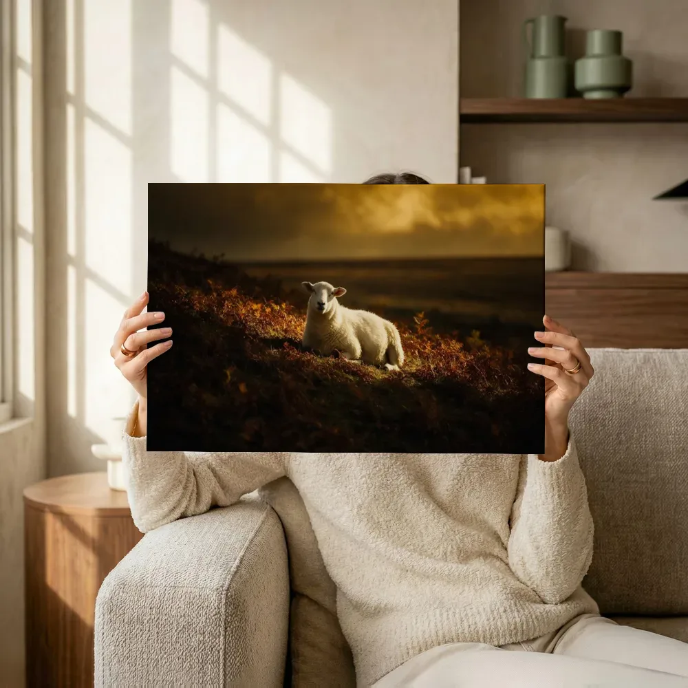 Sfeerimpressie: Schaap rustend, een enkele lichtbundel als een spotlicht 2 terwijl het omhoog wordt gehouden