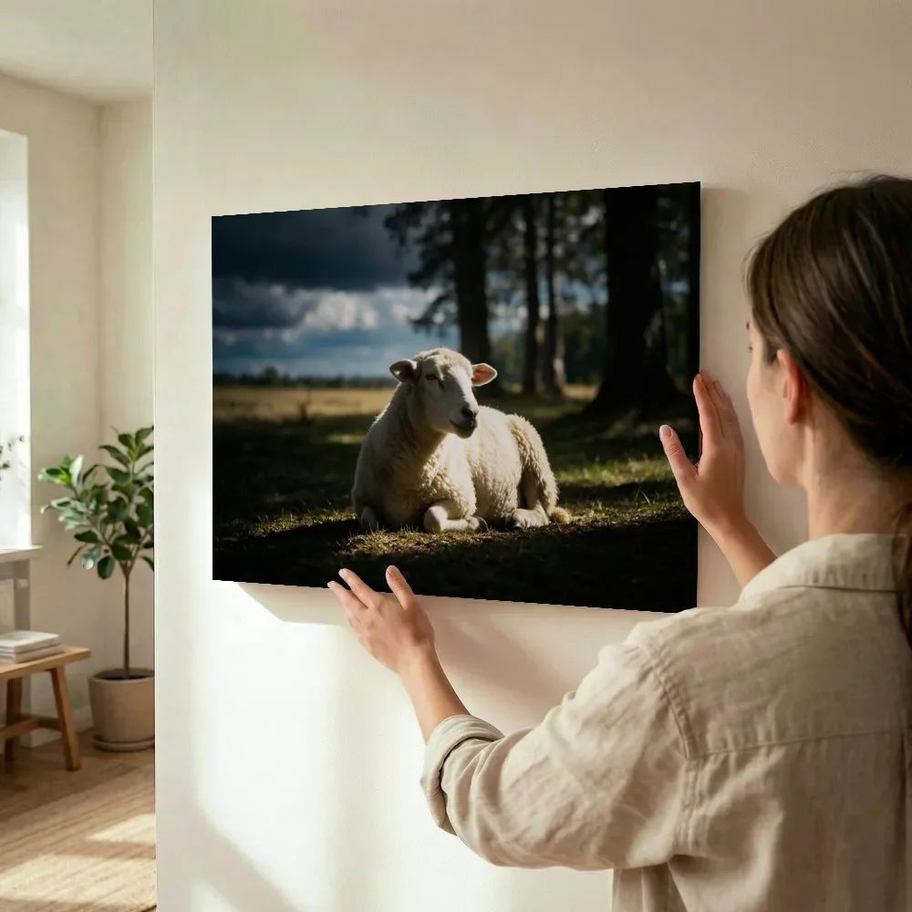 Sfeerimpressie: Schaap rustend, een enkele lichtbundel als een spotlicht terwijl het wordt opgehangen
