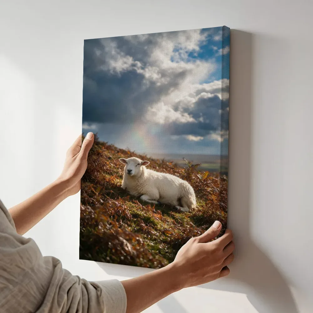 Sfeerimpressie: Schaap rustend, een fris moment na de regen terwijl het aan de muur wordt gehangen