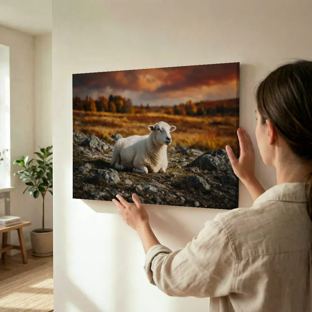 Sfeerimpressie: Schaap rustend, volle herfstkleuren terwijl het wordt opgehangen