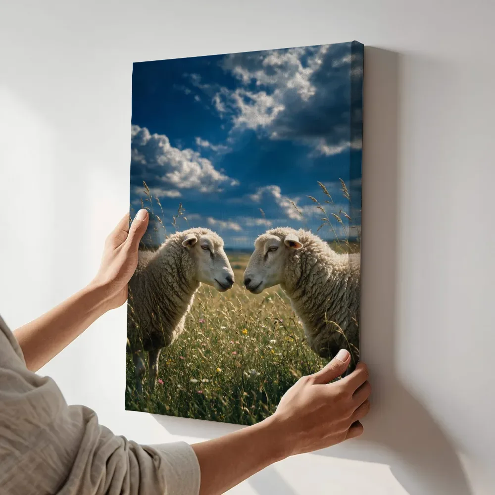 Sfeerimpressie: Schaap samen, een dramatische blauwe lucht terwijl het aan de muur wordt gehangen