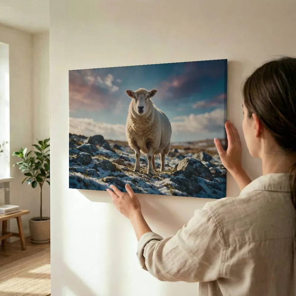 Sfeerimpressie: Schaap van onderaf, een dun laagje sneeuw terwijl het wordt opgehangen
