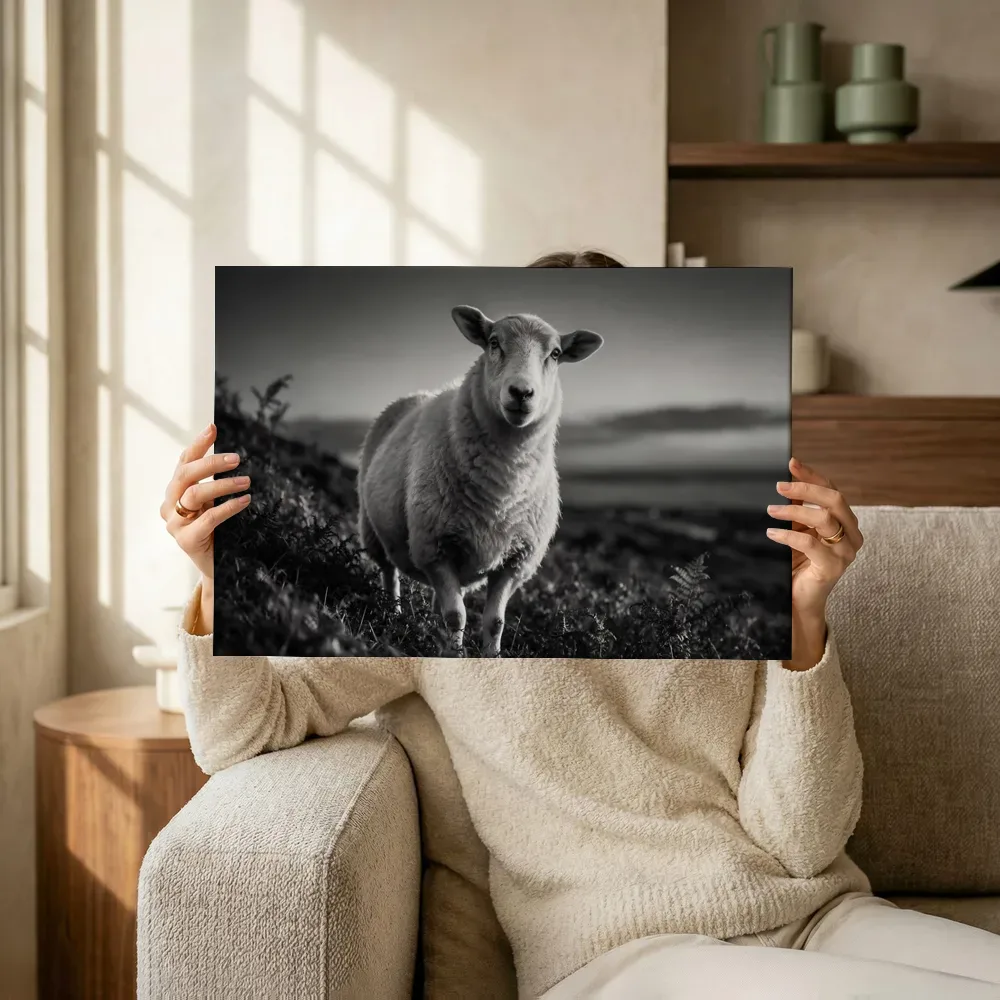 Sfeerimpressie: Schaap van onderaf, een roze-paarse schemering terwijl het omhoog wordt gehouden
