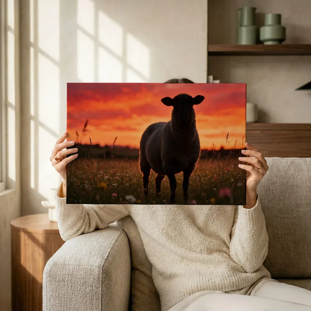 Sfeerimpressie: Schaap van onderaf, een silhouet tegen een vurige zonsondergang terwijl het omhoog wordt gehouden