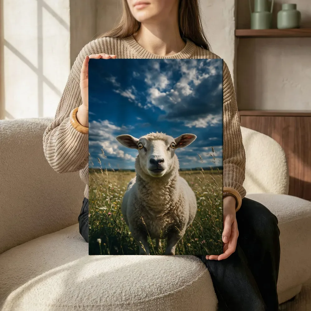 Sfeerimpressie: Schaap verrast, een dramatische blauwe lucht terwijl het zittend wordt getoond