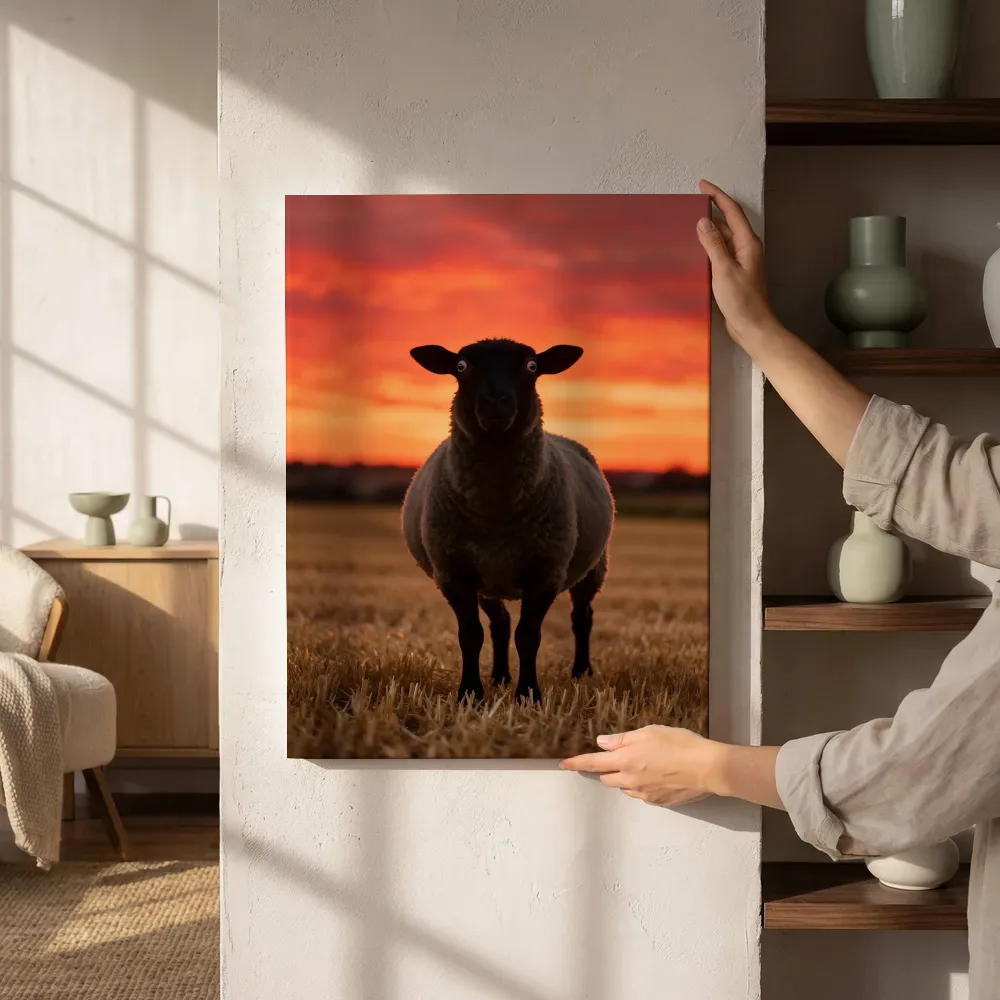 Sfeerimpressie: Schaap verrast, een silhouet tegen een vurige zonsondergang naast de kast