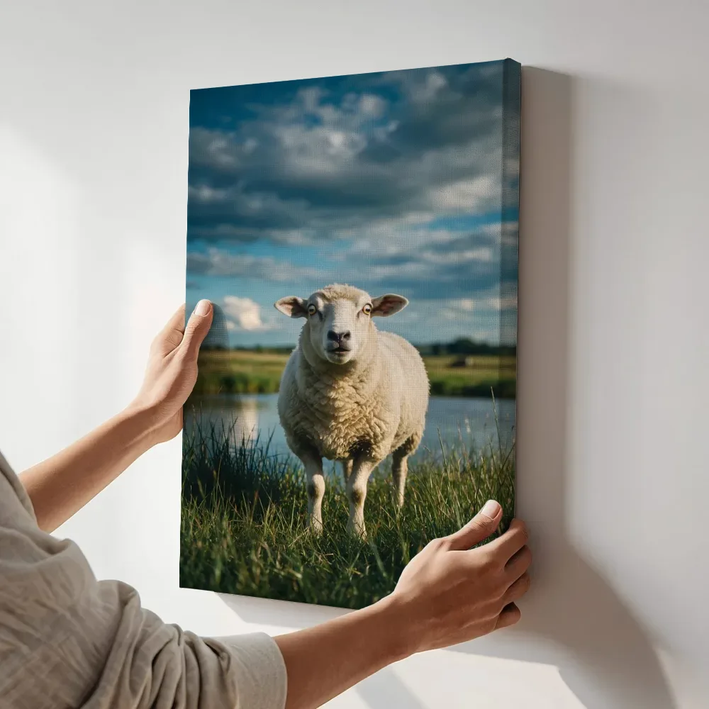 Sfeerimpressie: Schaap verrast, een zacht bewolkte hemel terwijl het aan de muur wordt gehangen