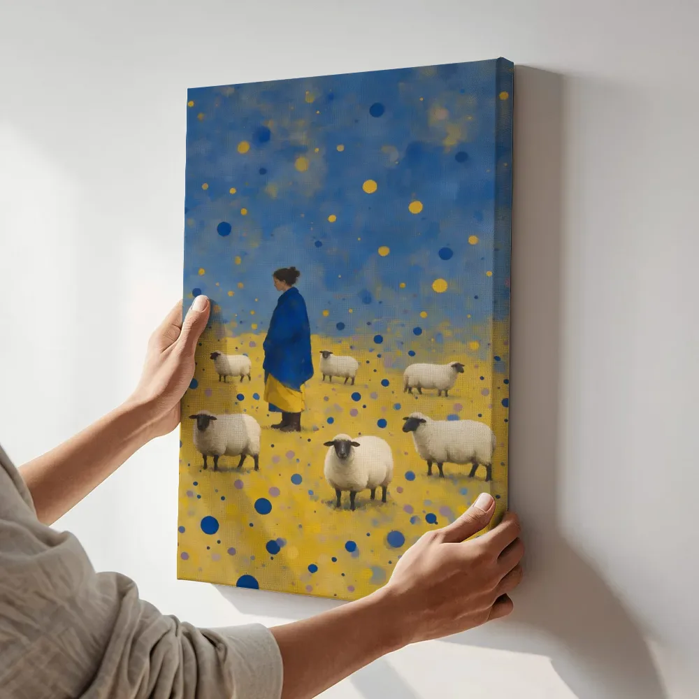 Sfeerimpressie: Schapen op de heide in kobalt en saffraan terwijl het aan de muur wordt gehangen