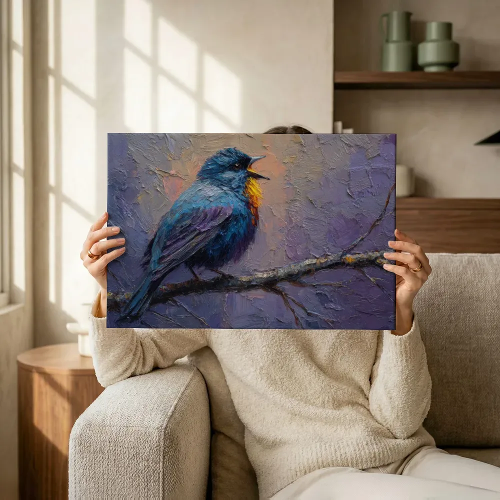 Sfeerimpressie: Blauwe vogel op de mostak terwijl het omhoog wordt gehouden
