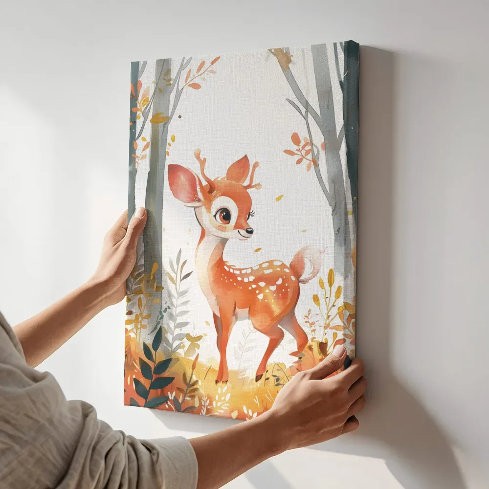 Sfeerimpressie: Schattig hertje in het herfstbos terwijl het aan de muur wordt gehangen