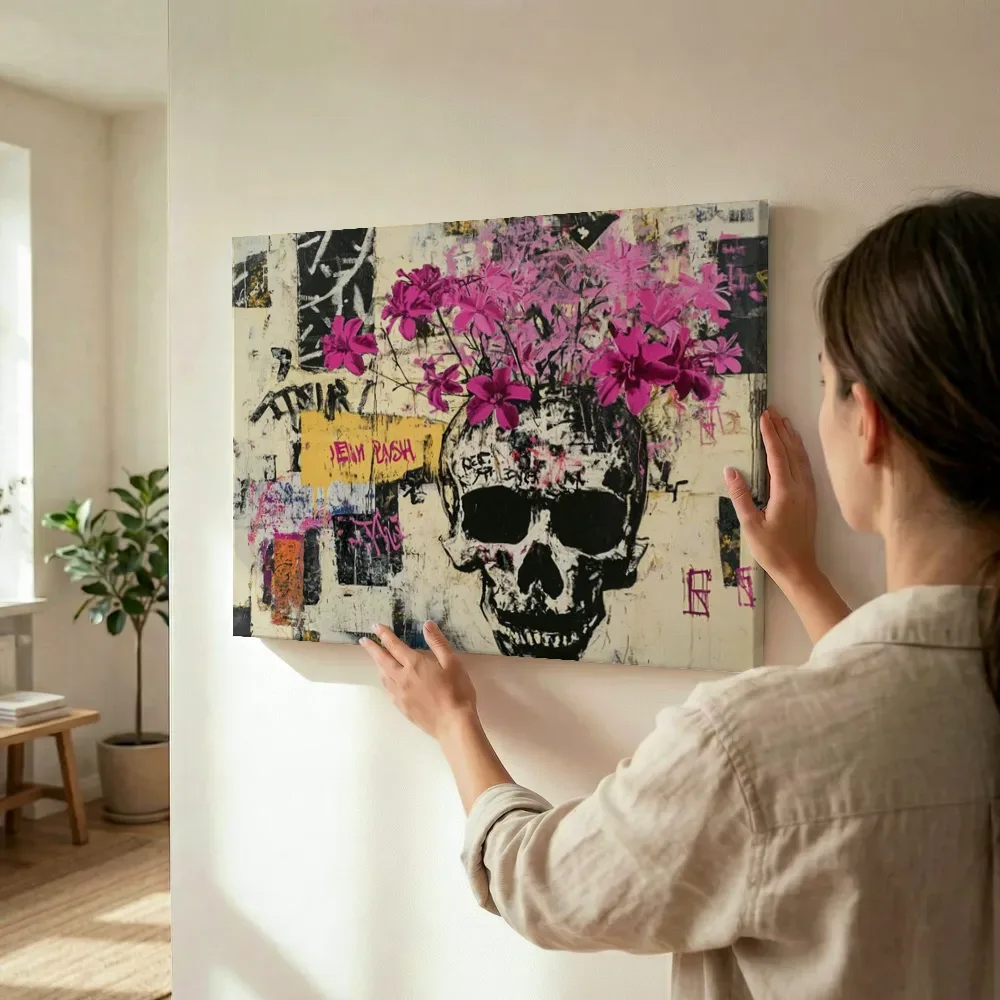 Sfeerimpressie: Schedel met roze bloemenhaar terwijl het wordt opgehangen
