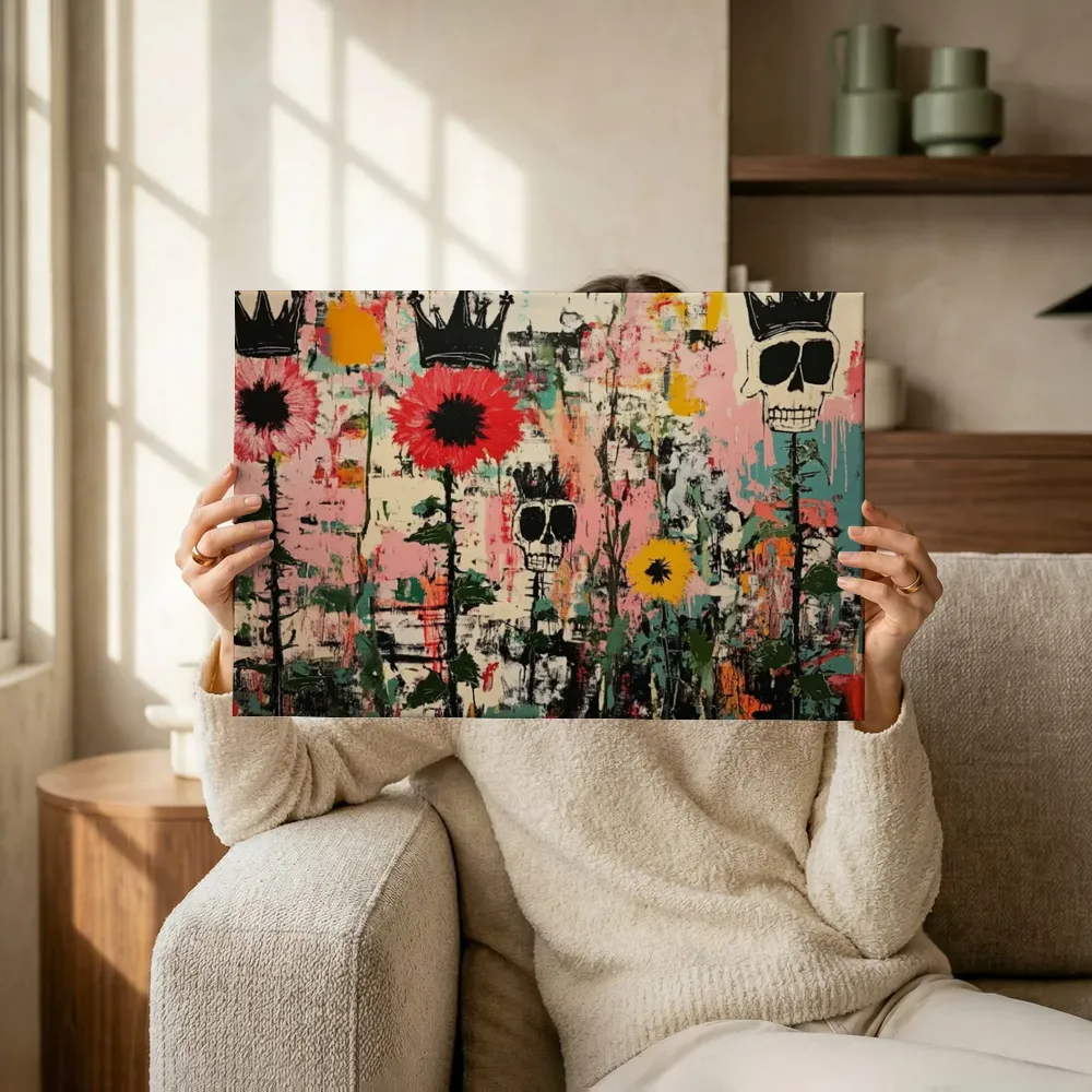 Sfeerimpressie: Schedels met kronen tussen zonnebloemen terwijl het omhoog wordt gehouden
