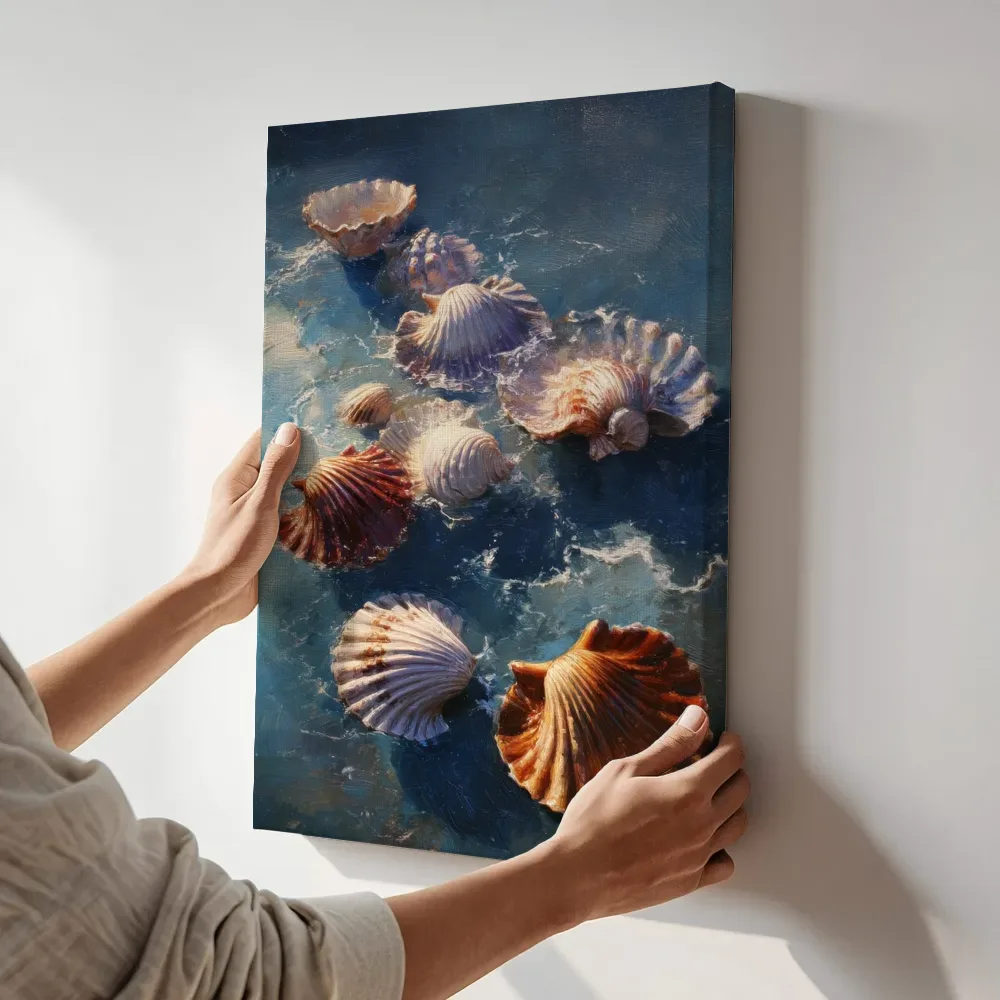 Sfeerimpressie: Schelpen drijvend op water terwijl het aan de muur wordt gehangen