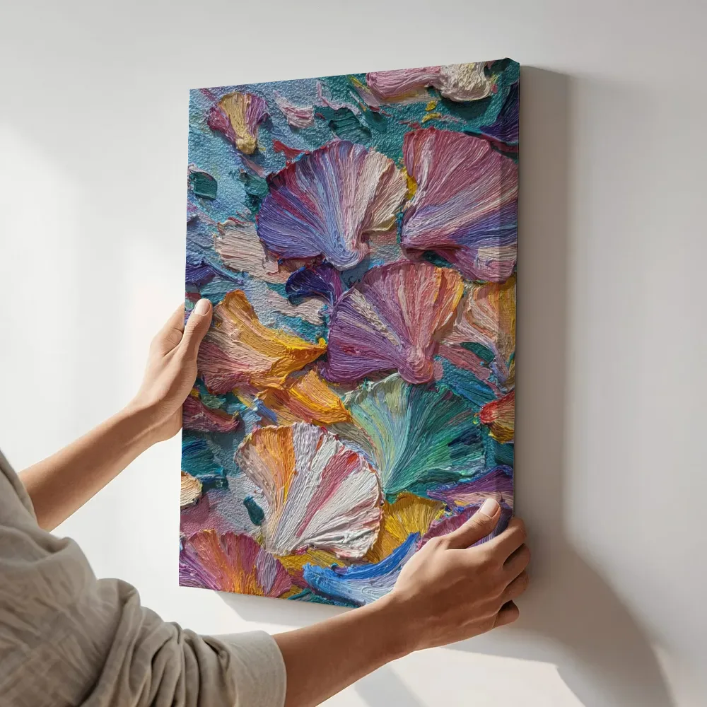 Sfeerimpressie: Schelpfragmenten in kleur terwijl het aan de muur wordt gehangen