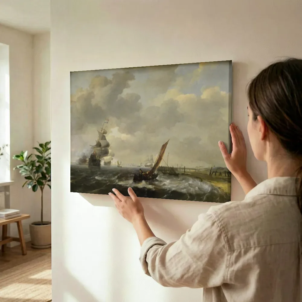 Sfeerimpressie: Schepen voor de kust bij Den Helder van Ludolf Bakhuizen terwijl het wordt opgehangen