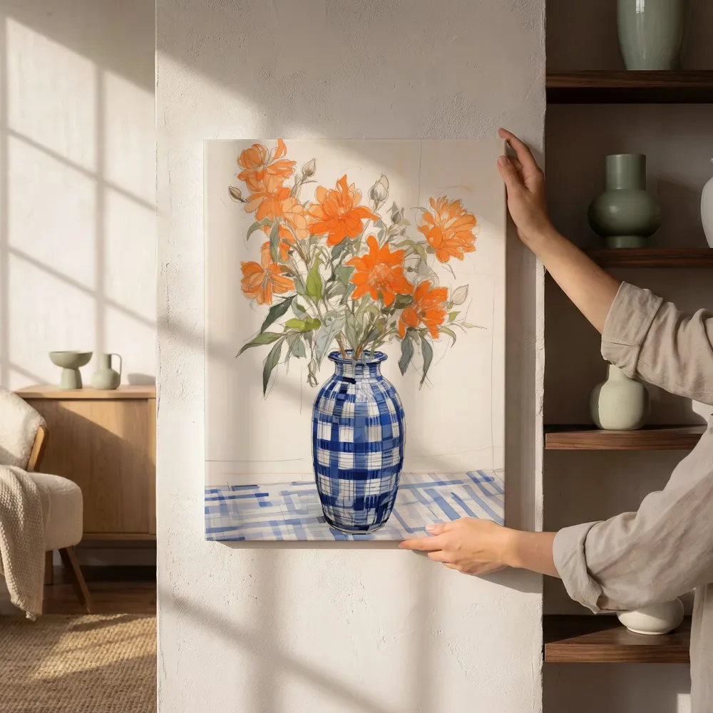 Sfeerimpressie: Schets oranje bloemen in geblokte vaas naast de kast