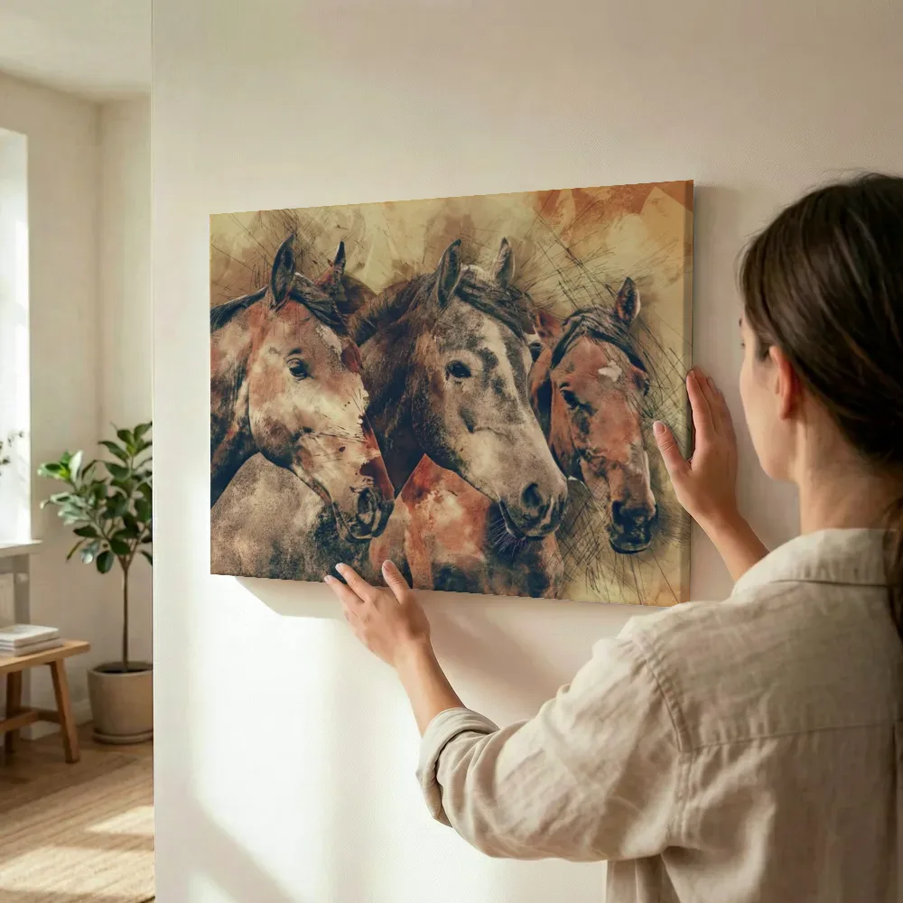 Sfeerimpressie: Schets van drie paarden terwijl het wordt opgehangen