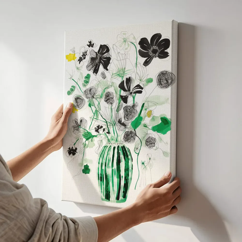 Sfeerimpressie: Schetsmatig boeket in groen gestreepte vaas terwijl het aan de muur wordt gehangen