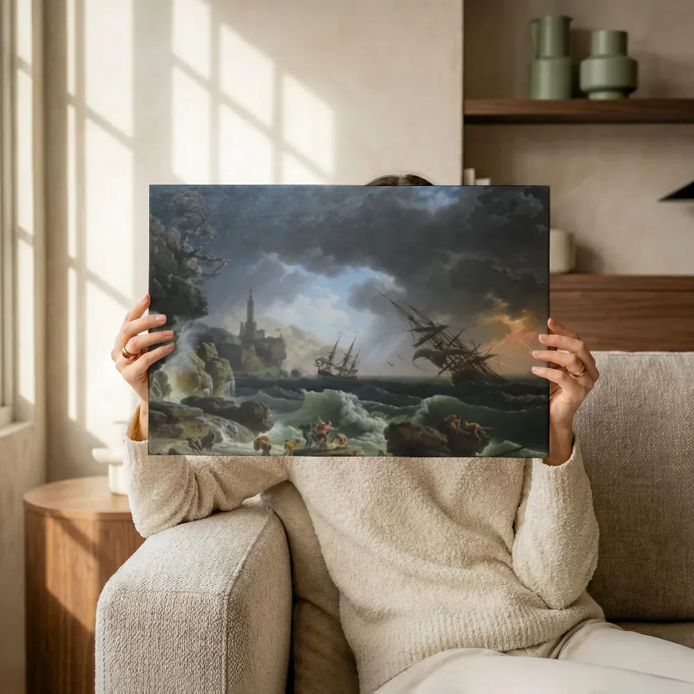 Sfeerimpressie: Schipbreuk op een stormachtige zee van Joseph Vernet terwijl het omhoog wordt gehouden
