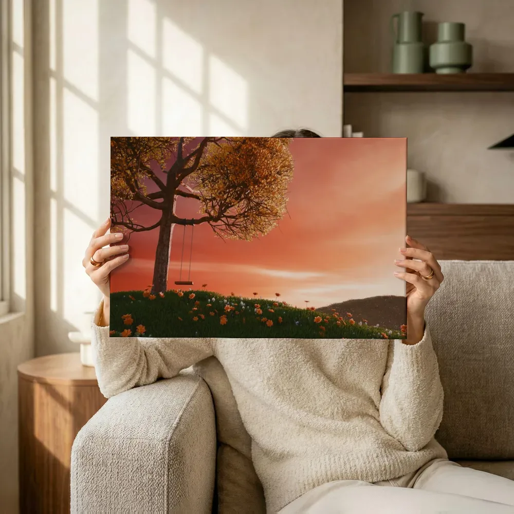 Sfeerimpressie: Schommel onder een herfstboom bij zonsondergang terwijl het omhoog wordt gehouden