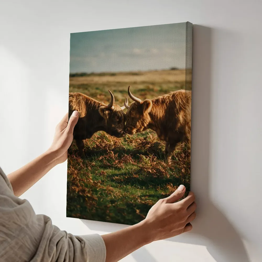 Sfeerimpressie: Schotse Hooglander een teder moment, de volle zomer 2 terwijl het aan de muur wordt gehangen