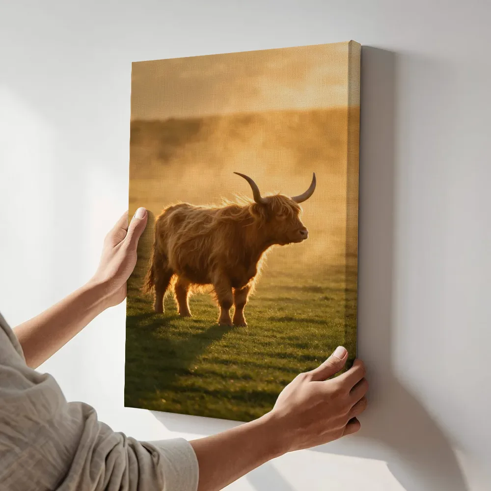 Sfeerimpressie: Schotse Hooglander en profil, een gouden namiddagzon terwijl het aan de muur wordt gehangen