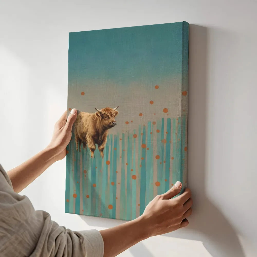 Sfeerimpressie: Schotse hooglander in aqua en warm grijs terwijl het aan de muur wordt gehangen