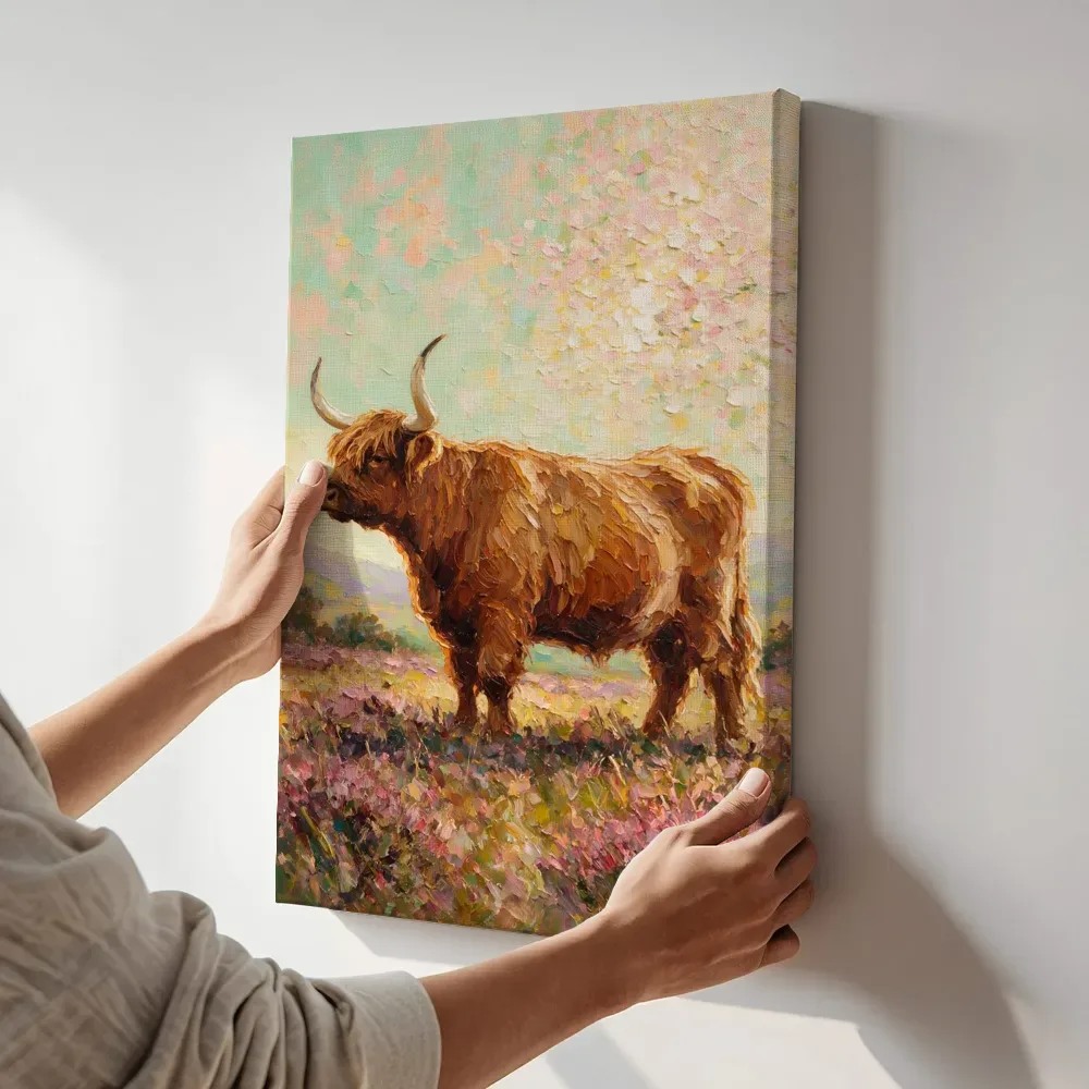 Sfeerimpressie: Schotse hooglander in donkere pose bij bloesem naast de kast