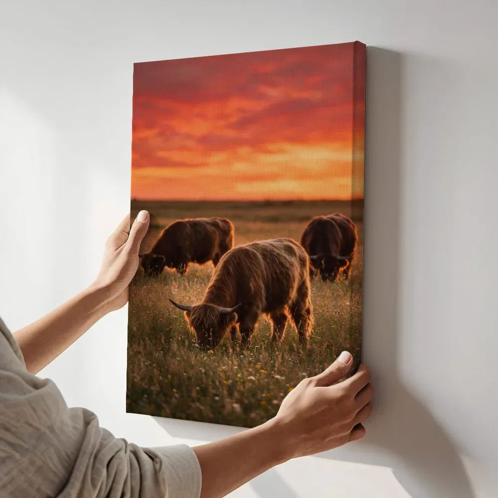 Sfeerimpressie: Schotse Hooglander in groepje, een silhouet tegen een vurige zonsondergang terwijl het aan de muur wordt gehangen
