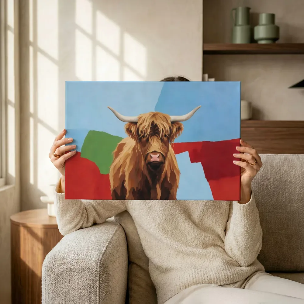 Sfeerimpressie: Schotse hooglander in hemelblauw en klaproosrood terwijl het omhoog wordt gehouden