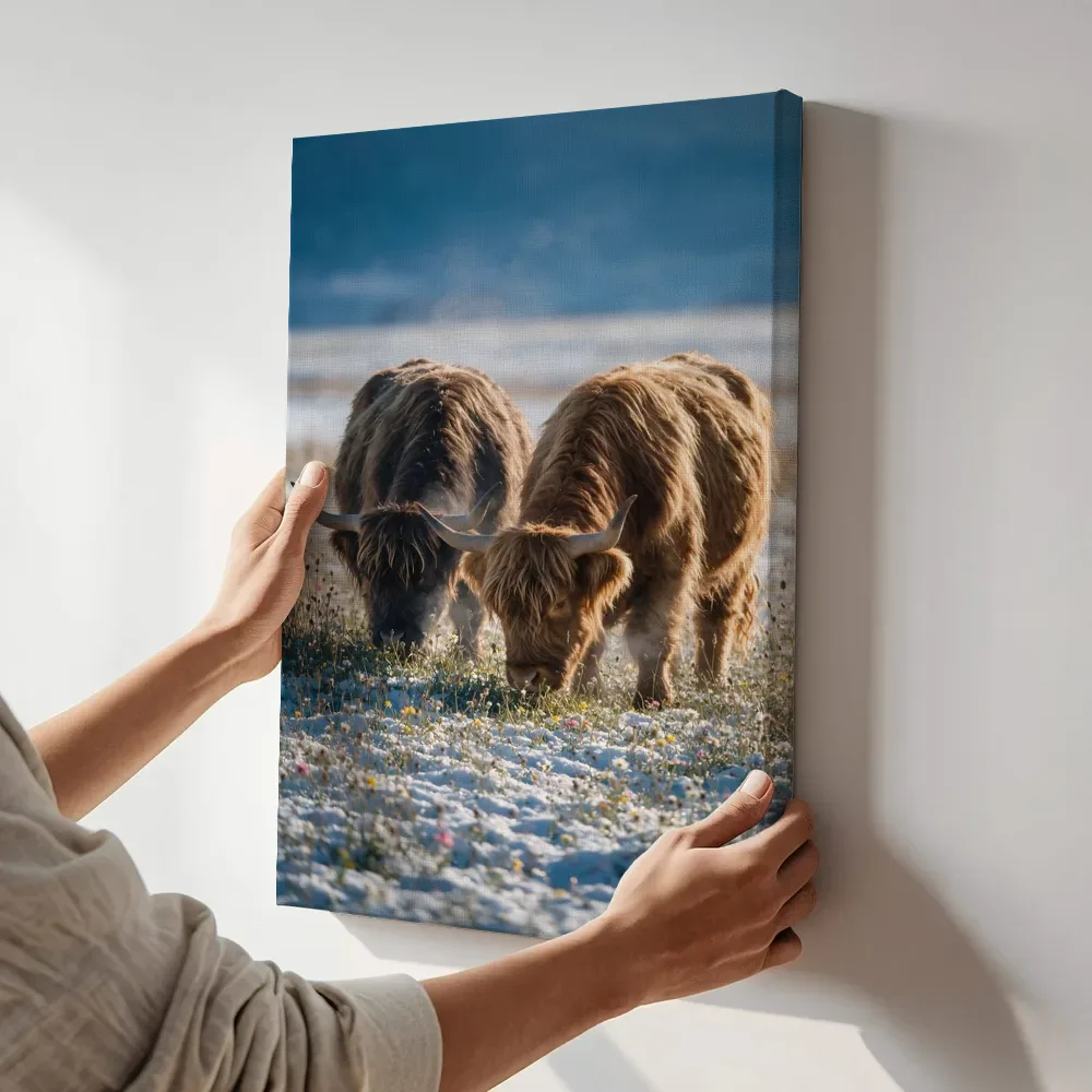Sfeerimpressie: Schotse Hooglander in het veld, een dun laagje sneeuw terwijl het aan de muur wordt gehangen