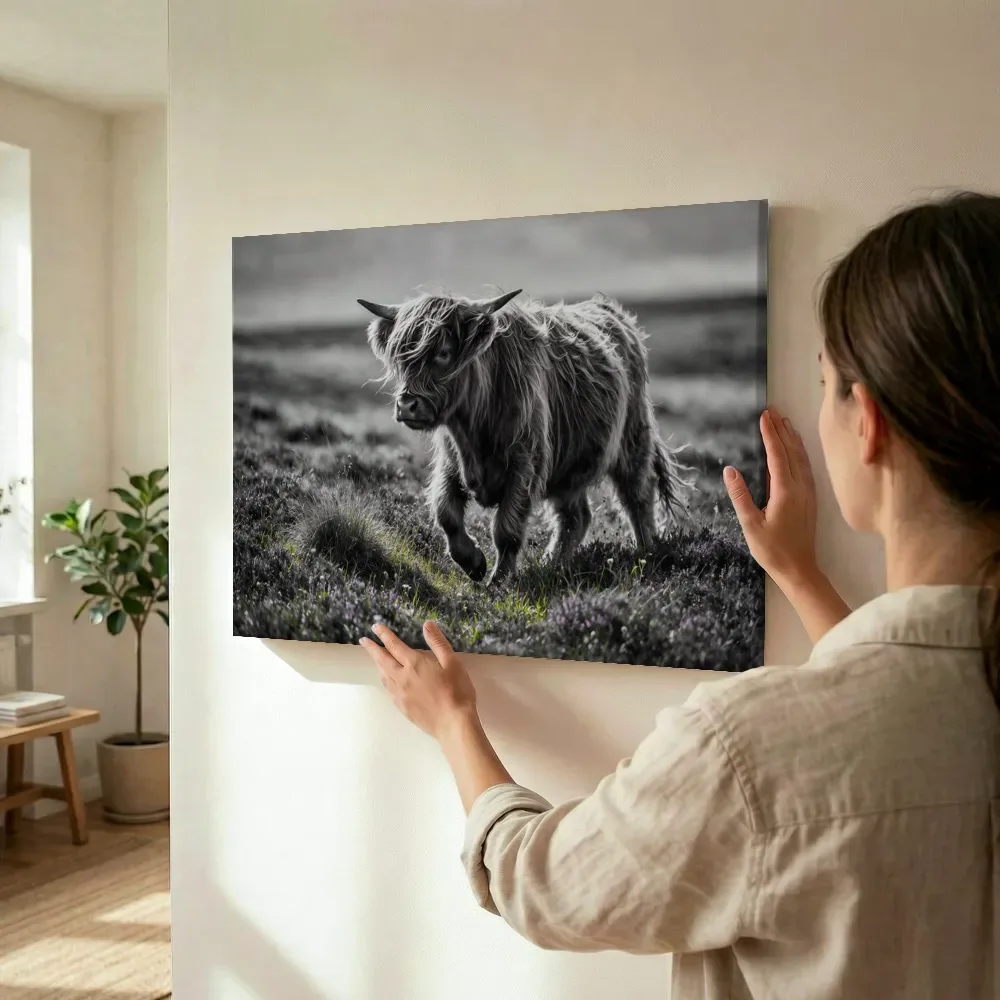 Sfeerimpressie: Schotse Hooglander in het veld, een fris lentemoment terwijl het wordt opgehangen
