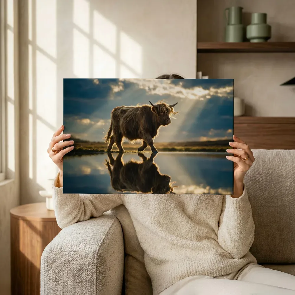 Sfeerimpressie: Schotse Hooglander in het veld, lichtbundels door de wolken terwijl het omhoog wordt gehouden