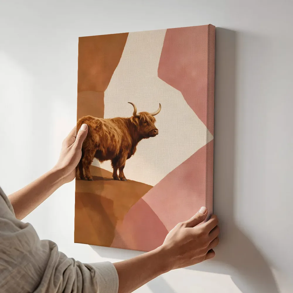Sfeerimpressie: Schotse hooglander in poederroze en bruin terwijl het aan de muur wordt gehangen