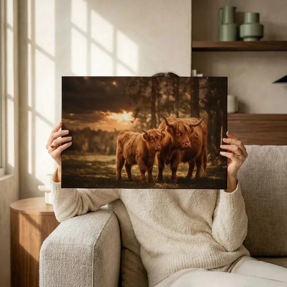 Sfeerimpressie: Schotse Hooglander met jong, een dreigende luchten met een sepia-gloed terwijl het omhoog wordt gehouden