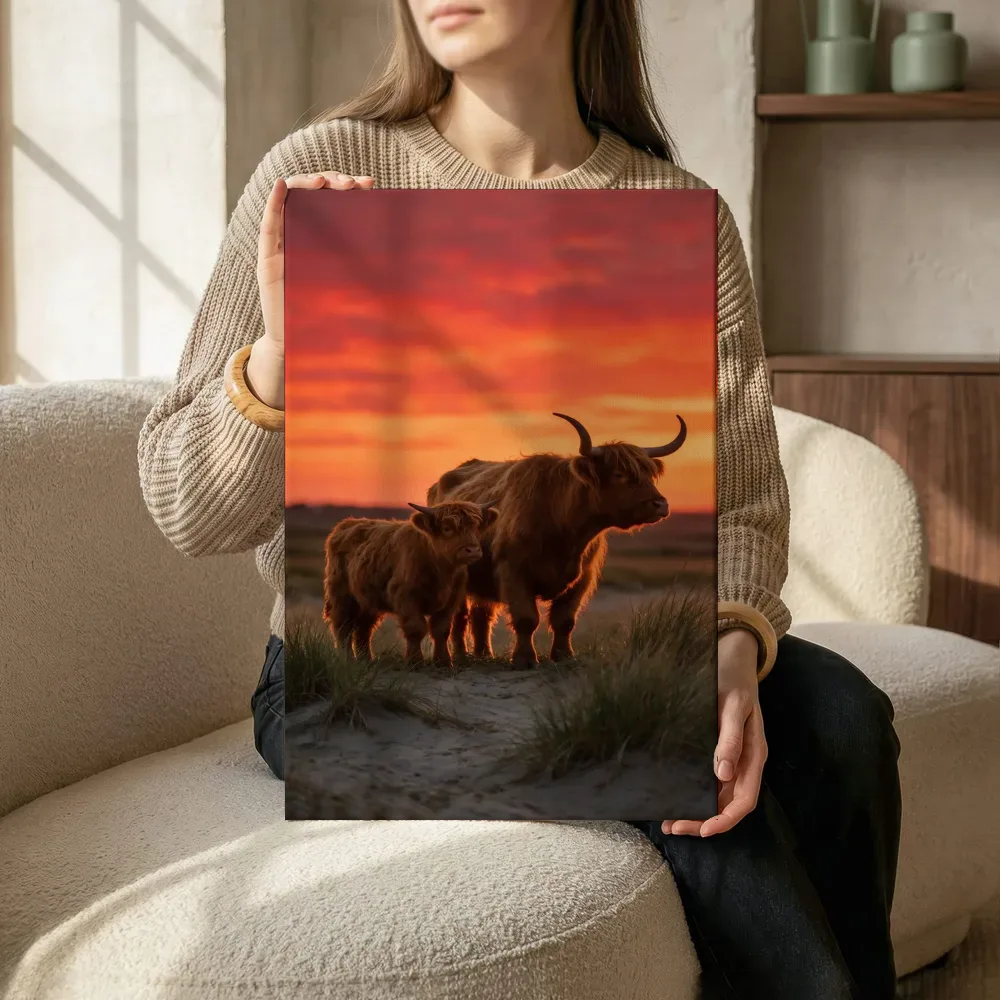 Sfeerimpressie: Schotse Hooglander met jong, een silhouet tegen een vurige zonsondergang 2 terwijl het zittend wordt getoond