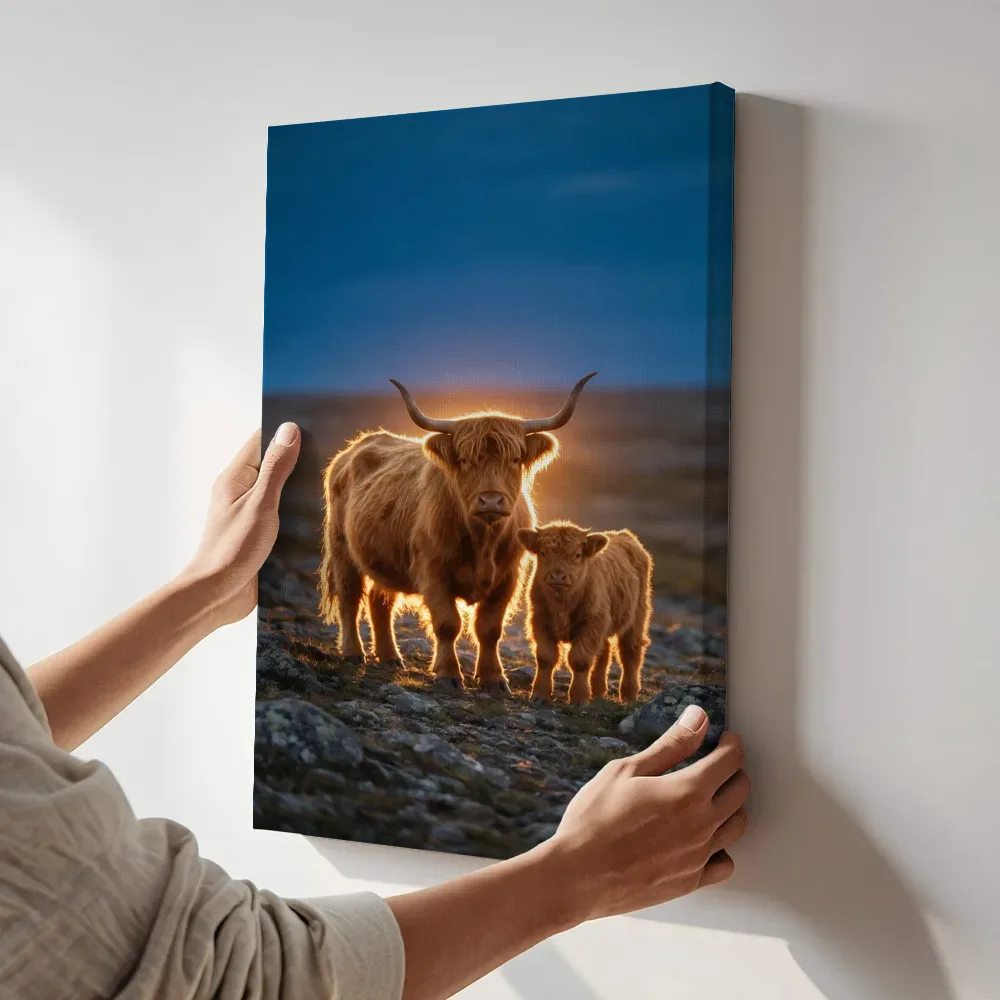 Sfeerimpressie: Schotse Hooglander met jong, het felle tegenlicht van de ondergaande zon terwijl het aan de muur wordt gehangen