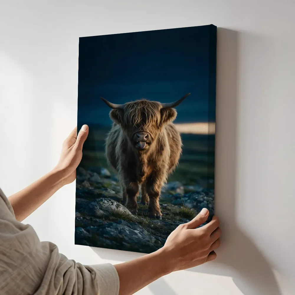 Sfeerimpressie: Schotse Hooglander met tong uit, de laatste gloed vlak voor de nacht terwijl het aan de muur wordt gehangen