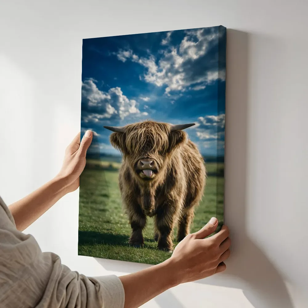 Sfeerimpressie: Schotse Hooglander met tong uit, een dramatische blauwe lucht terwijl het aan de muur wordt gehangen