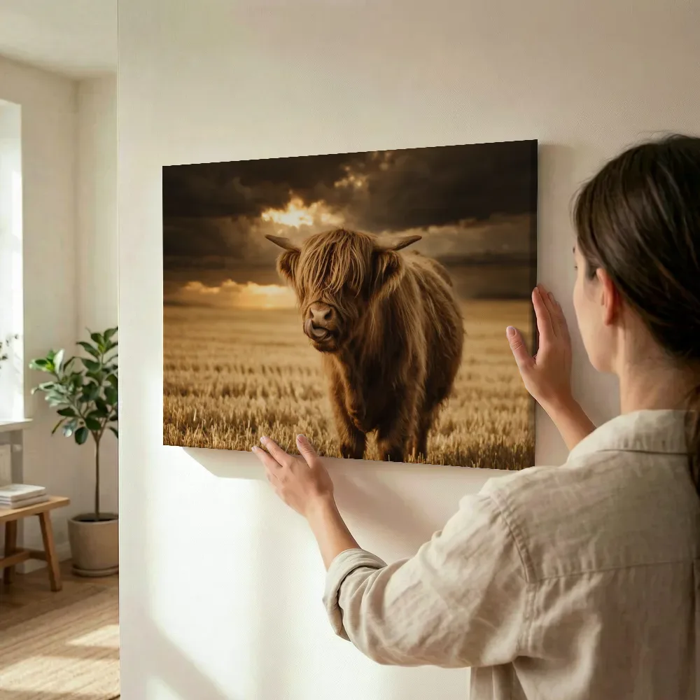 Sfeerimpressie: Schotse Hooglander met tong uit, een dreigende luchten met een sepia-gloed terwijl het wordt opgehangen