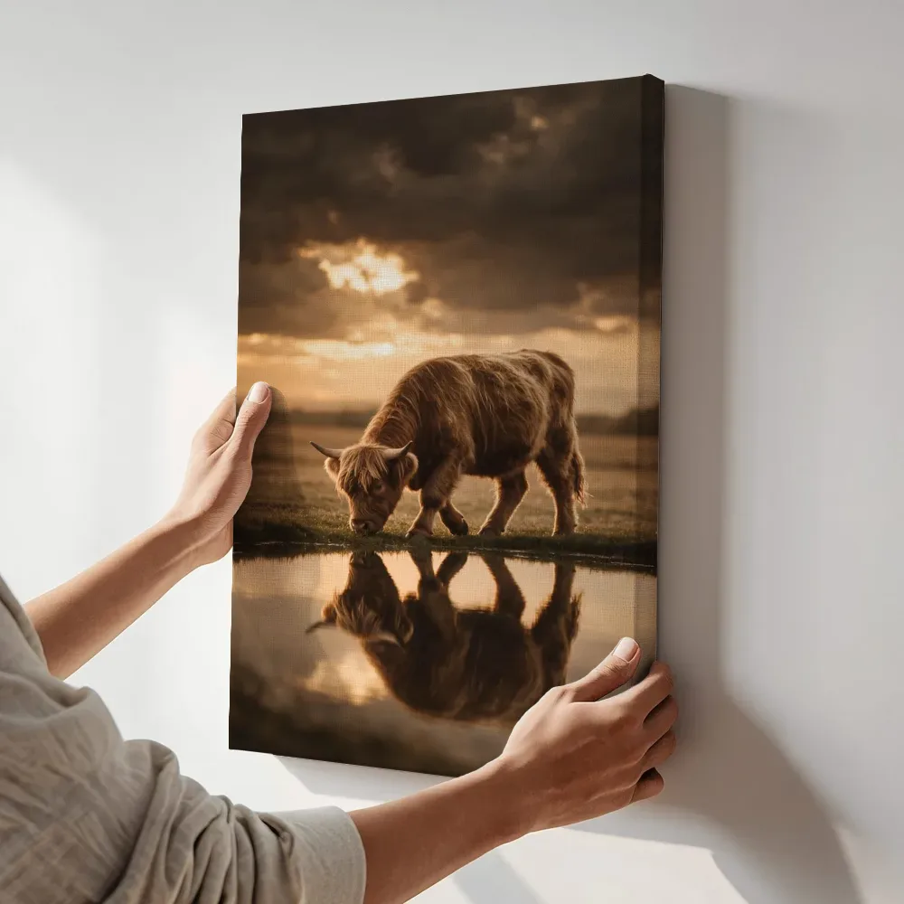 Sfeerimpressie: Schotse Hooglander op afstand, een dreigende luchten met een sepia-gloed terwijl het aan de muur wordt gehangen