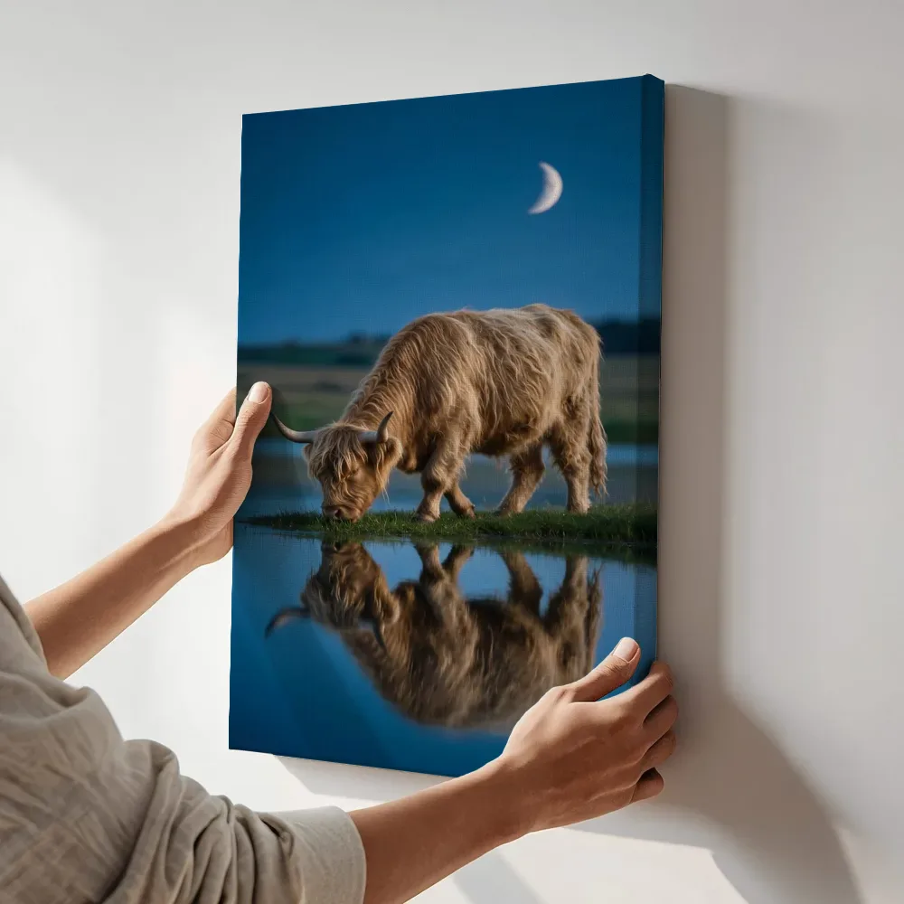 Sfeerimpressie: Schotse Hooglander op afstand, het blauwe uur met een maansikkel terwijl het aan de muur wordt gehangen