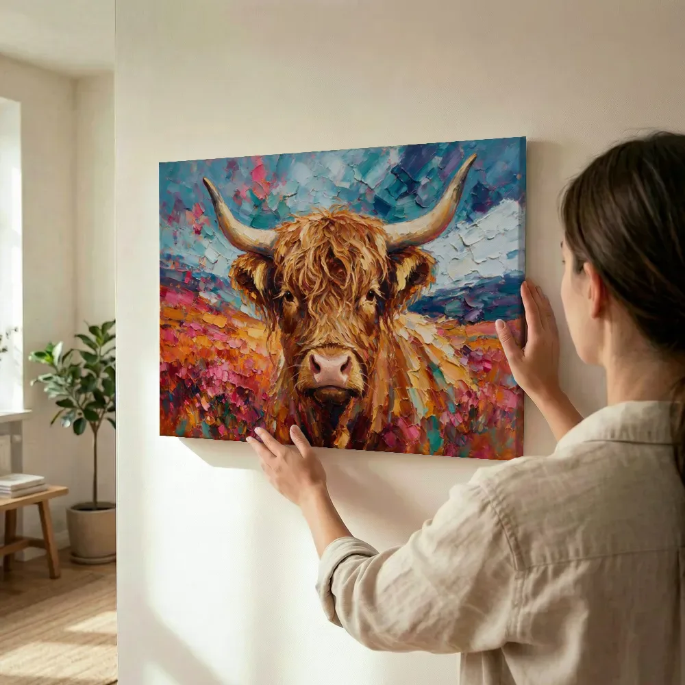 Sfeerimpressie: Schotse hooglander portret warm in de sneeuw terwijl het omhoog wordt gehouden