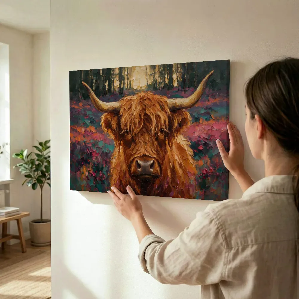Sfeerimpressie: Schotse hooglander portret tussen de bomen in warm terracotta terwijl het wordt opgehangen