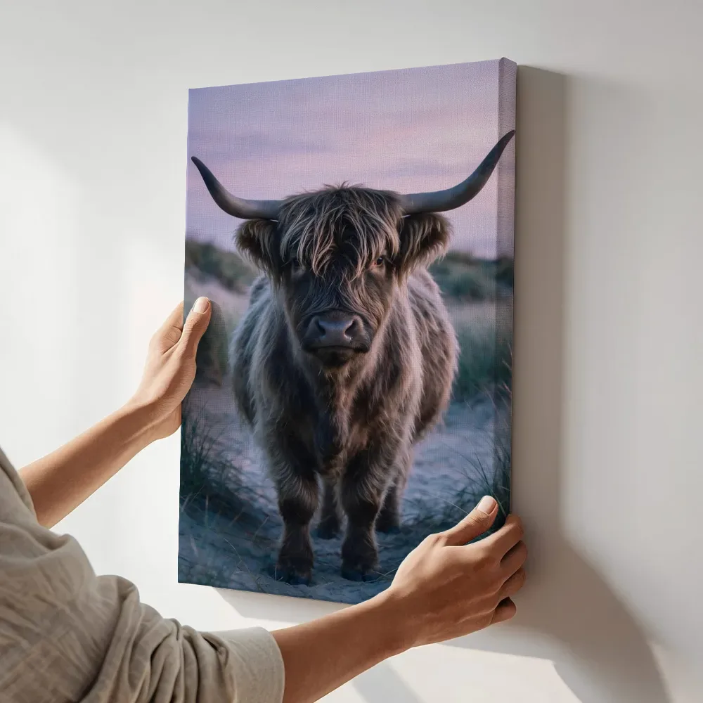 Sfeerimpressie: Schotse Hooglander recht in de lens, een roze-paarse schemering terwijl het aan de muur wordt gehangen
